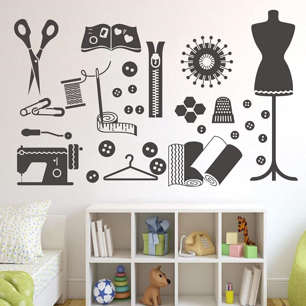Tailor Studio Wall Sticker - Removable PVC Vinyl Decal with Sewing Tools, Dress Form, Buttons, Scissors, and Thread - Perfect Craft Room or Sewing Shop Decor JWH152 (Black)