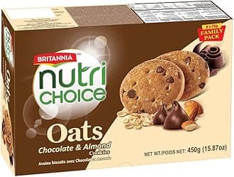 Britannia NutriChoice Oats Choco Almond 15.87oz (450g) - Breakfast & Tea Time Snacks - Delicious Grocery Cookies (Pack of 1)