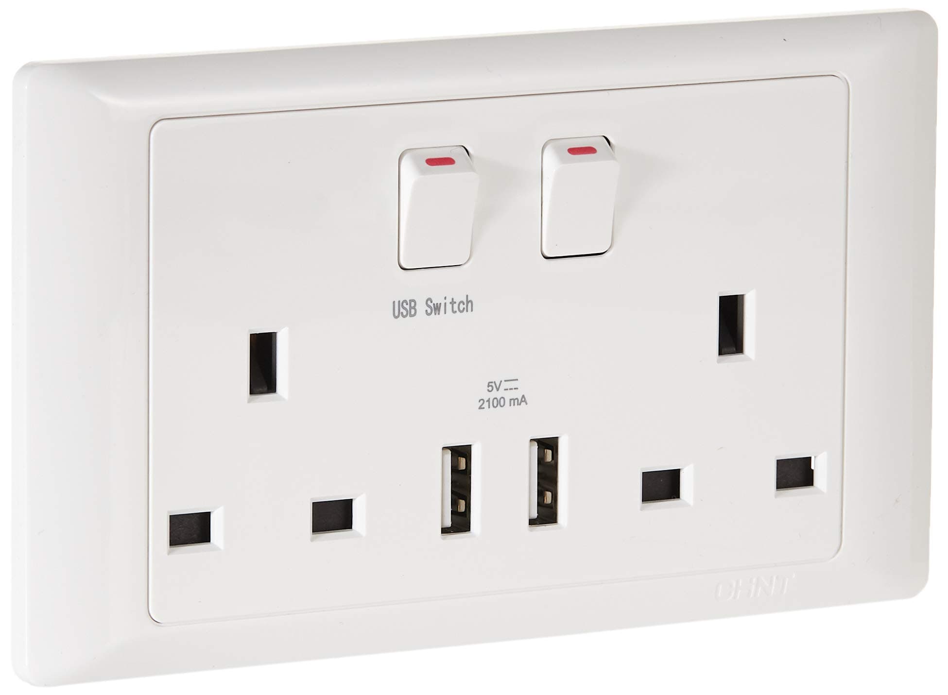 Chint 7G white (2 gang 3 pin double socket BS UK standard 13A 250V with 2 USB ports 2100 mA 5V white)