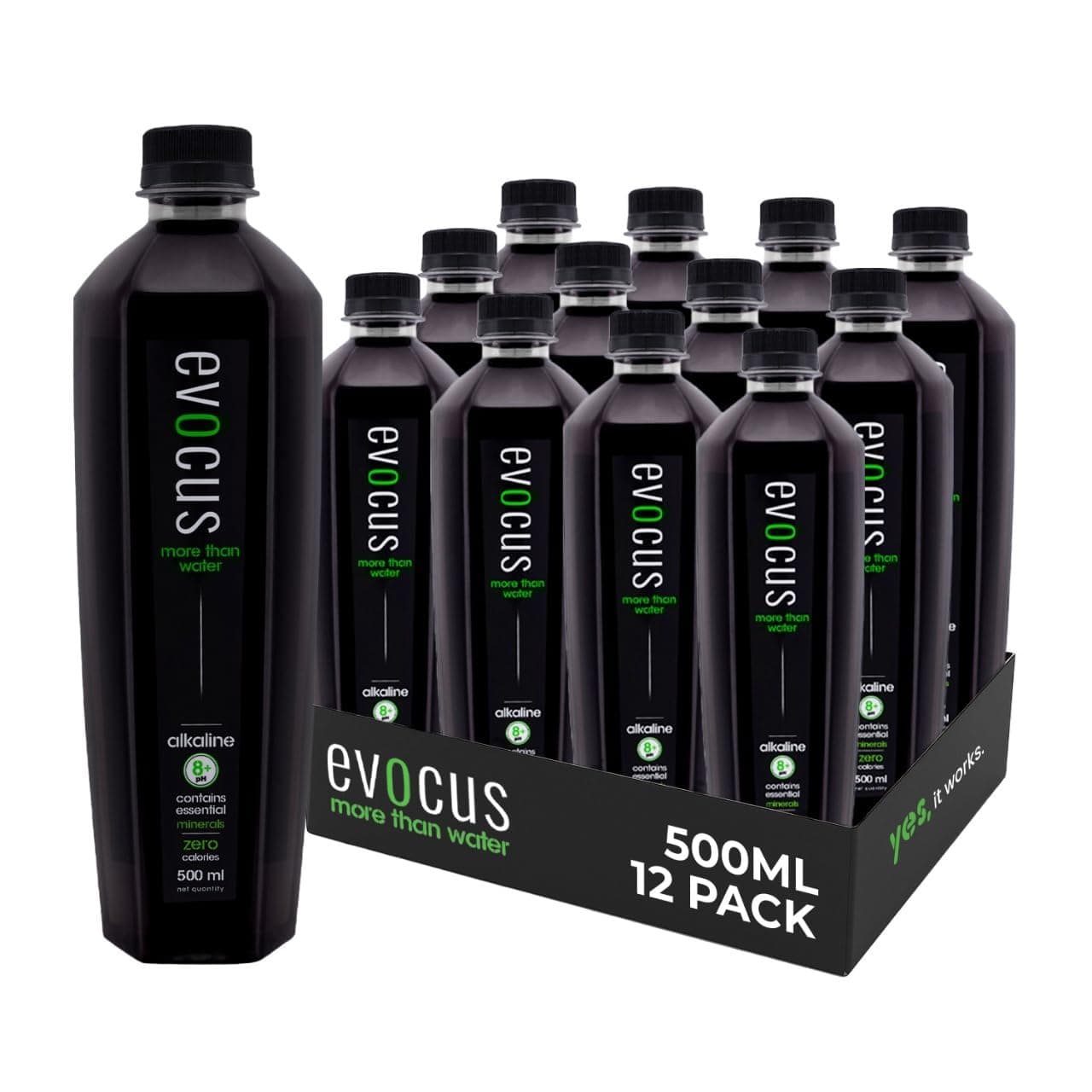 Evocus Black Alkaline Drink Infused with Essential Minerals, 8+ pH (500Ml) Pack Of 12