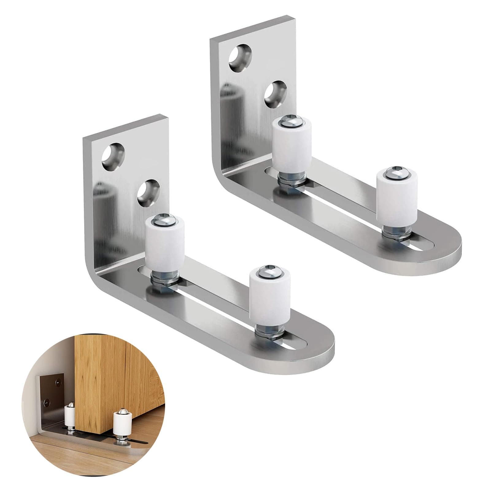2 Pack Sliding Barn Door Floor Guides, Flush Sliding Door Bottom Guide, Adjustable Wall Mount Stay Roller Hardware Kit for Different Sizes of Sliding Doors (Silver)