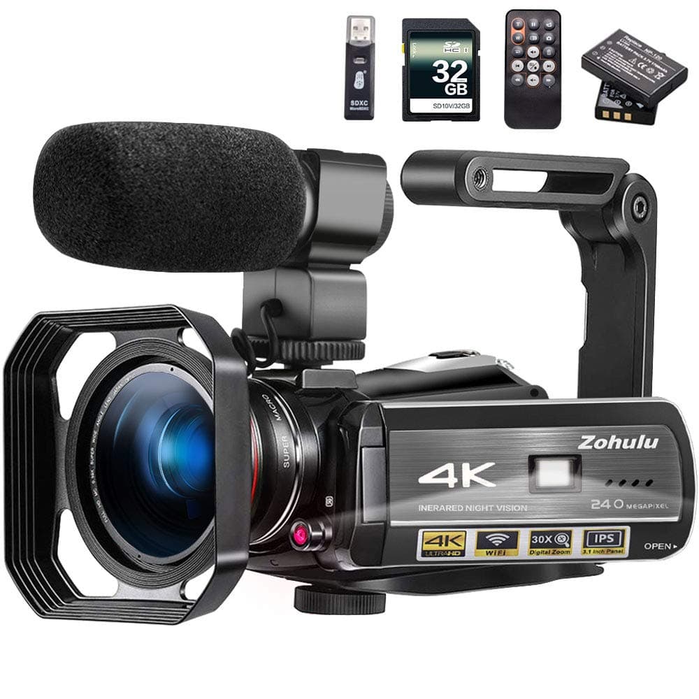 Video Camera 4K Camcorder Vlog Camera for YouTube, HD Digital Camera with 30X Digital Zoom and Night Vision, Video Recorder with Microphone, Wide Lens (32GB SD Card, 2 Batteries Included)
