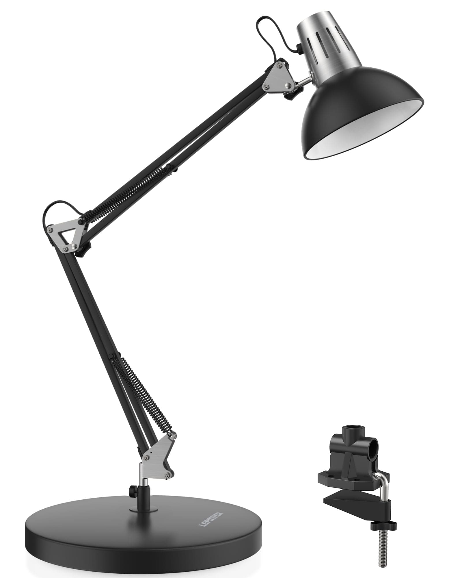 LEPOWER Metal Desk Lamp, Adjustable Goose Neck Architect Table Lamp with On/Off Switch, Swing Arm Desk Lamp with Clamp, Eye-Caring Reading Lamp for Bedroom, Study Room &Office (Black)