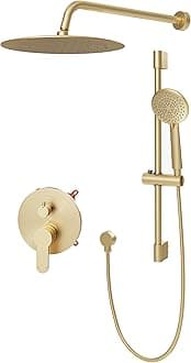 Gabrylly Shower System, High Pressure 12" Rain Shower Head with Handheld Shower, Wall Mounted Slide Bar Shower Faucet Set Complete, Shower Combo Set with Shower Valve,Brushed Gold
