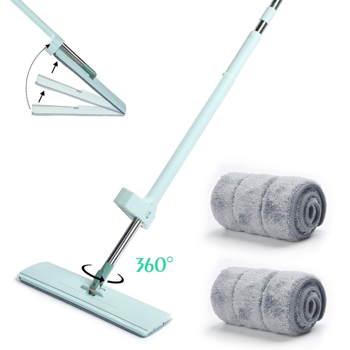 Mop Floor Cleaning AMZLIFE Microfiber Mop Squeeze Flat Mop 360 Rotation Spin Mop Wet/Dry Floor Cleaning Hand Wash Free, 2 Reusable Mop Pads with Ultra Long Stainless Steel Handle for Home/Office