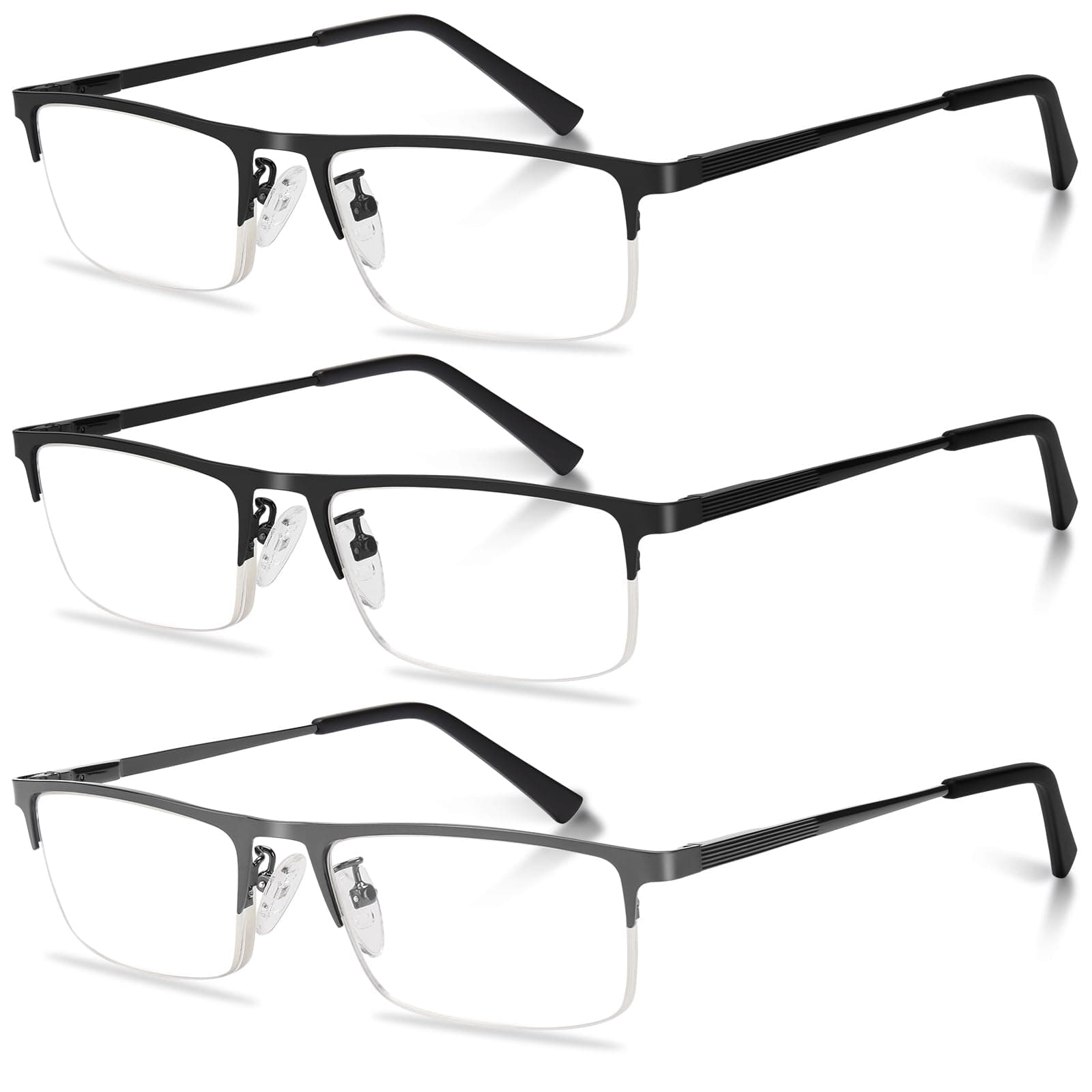 3-Pack Reading Glasses for Men, Lightweight Metal Half Frame Blue Light Blocking Computer Readers, Stylish Filter UV Ray/Computer Glare with Spring Hinge Eyeglasses(2PCS Black+1PCS Gray,+2.0)