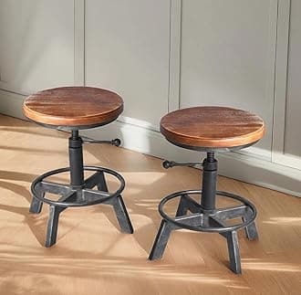 Set of 2-Industrial Bar Stool-Counter Height Chairs- Swivel Wooden Seat- Adjustable 15.2-21"