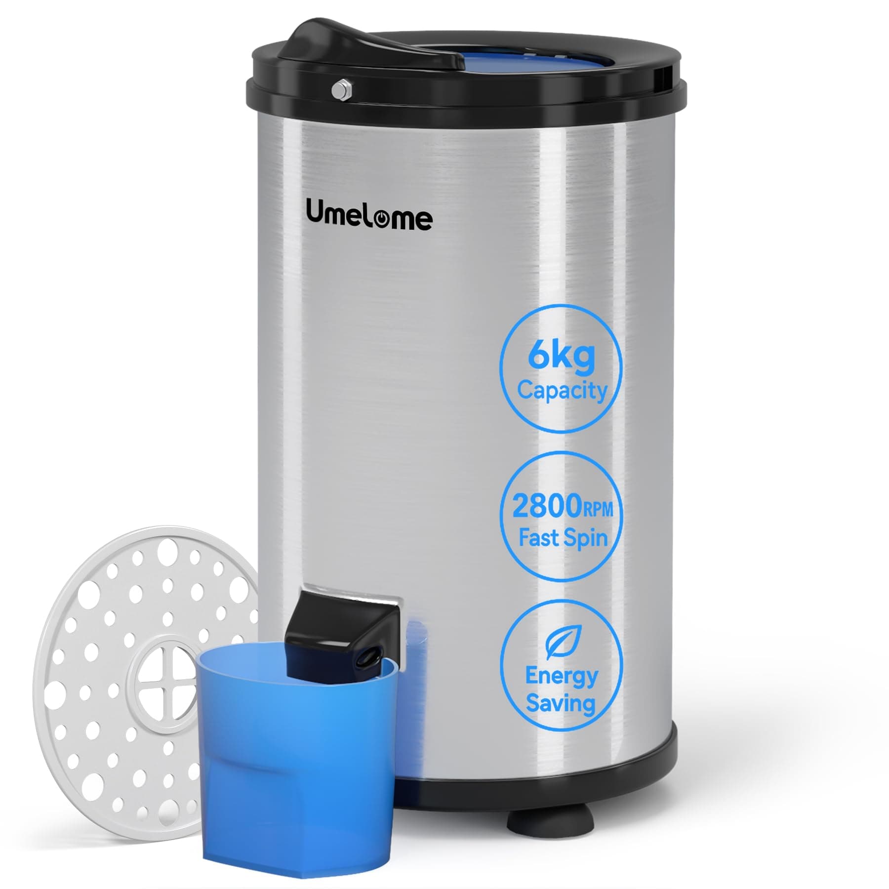 Spin Dryer 6kg by Umelome, Energy&Power Saving Spinner 2800 RPM Clothes Dryer, Energy Efficiency Class: A+++, Gravity Drain dryer, Silvery [Energy Class A+++]
