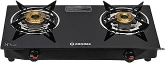 X Candes Gas Stove 2 Burners | Manual Ignition Tornado Burner | 6 mm Powdered Toughened Glass top | LPG Compatible ISI Certified | Brass Plated Burner Nylon Ergonomics Knob