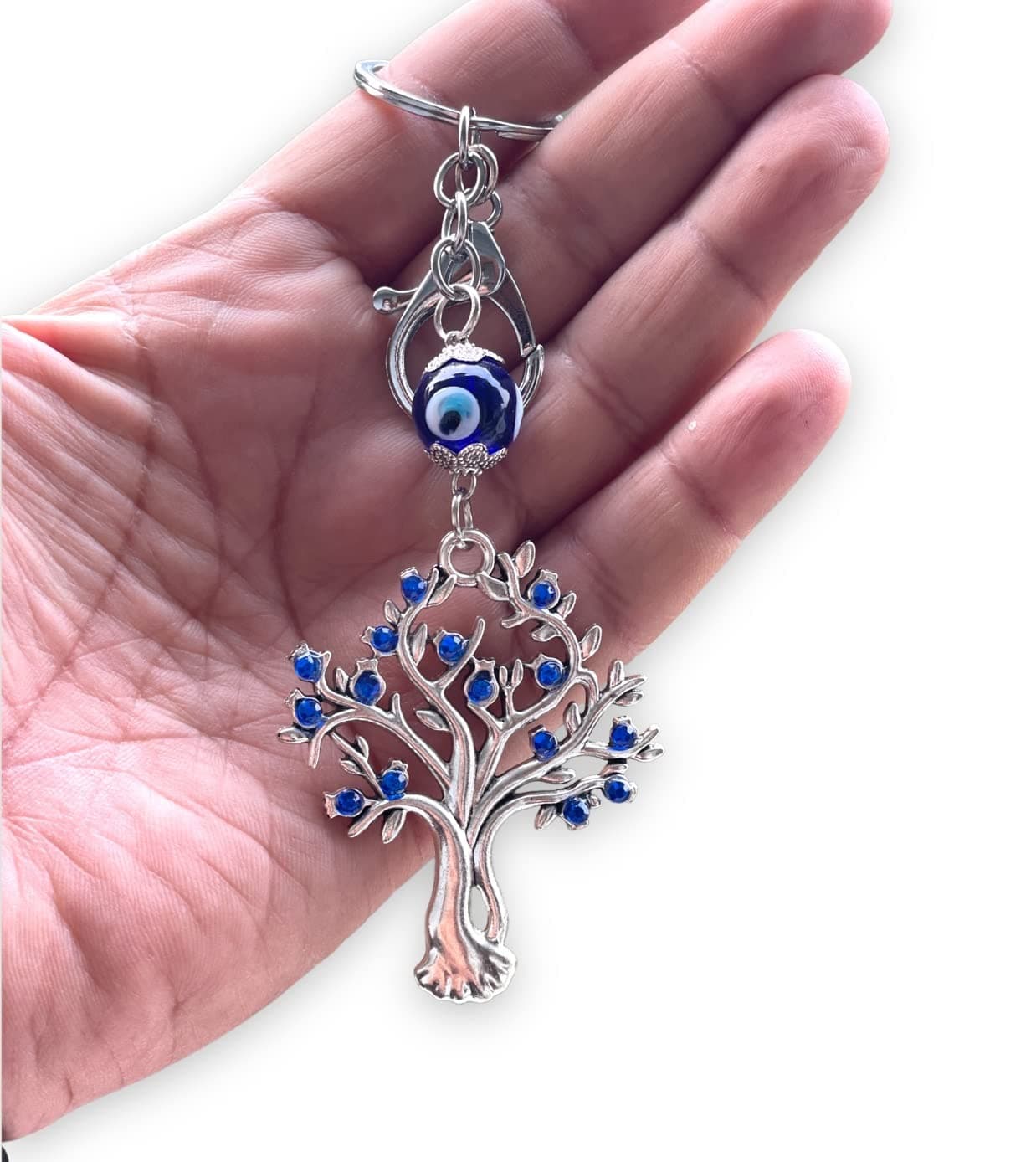 - Tree Shape Pendant with Blue Evil Eye Keychain Crystal alloy Keyring for Diwali Gift item for Men and Women (Pack of 1)