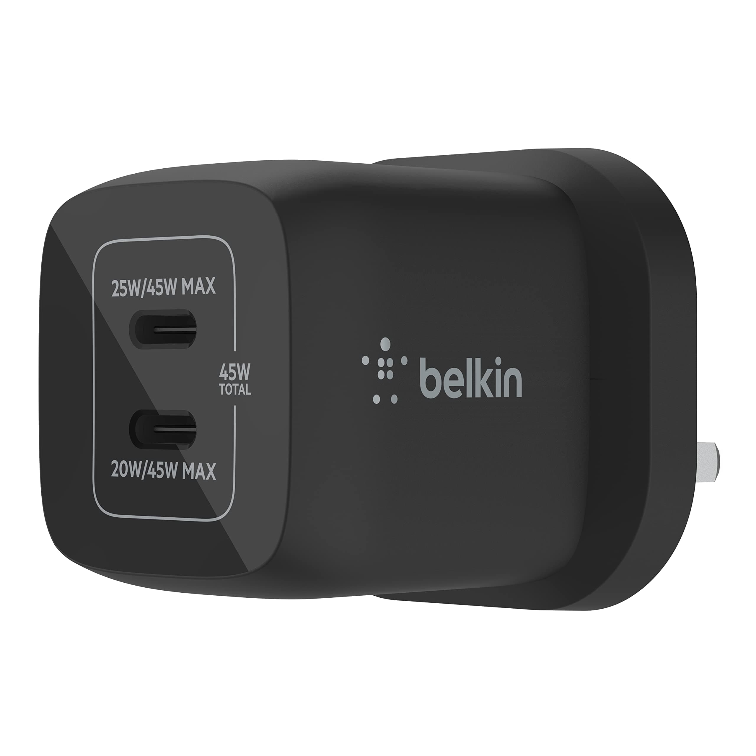 Belkin 45W Dual USB Type C Wall Charger, Fast Charging Power Delivery 3.0 with GaN Technology, USB C Charger for iPhone 17, iPhone Air, iPad Pro, MacBook, Samsung Galaxy S25, Pixel And More - Black