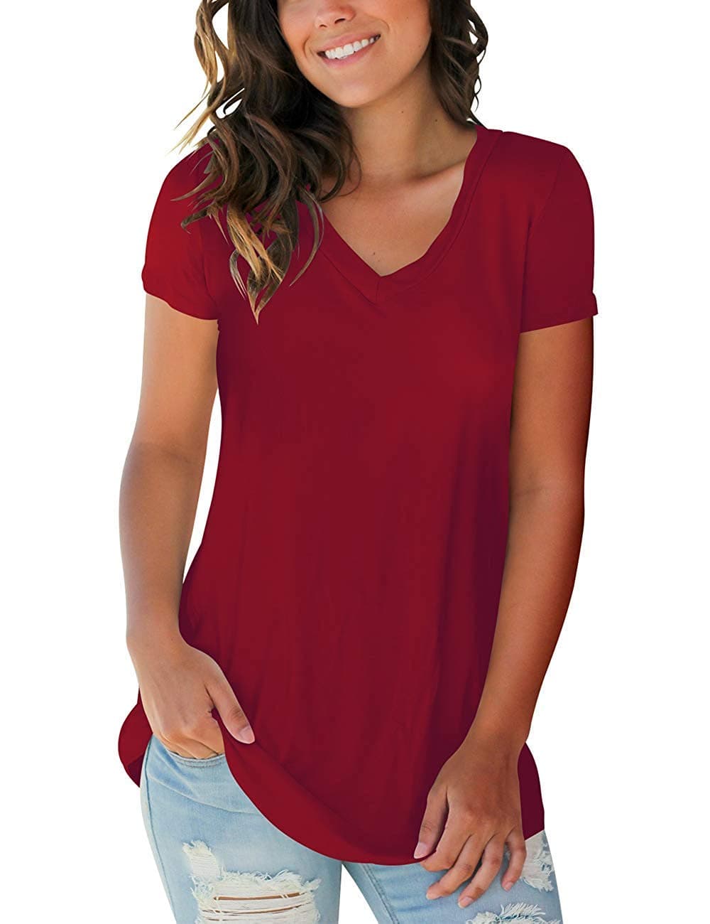 Women's T Shirts Short Sleeve V Neck Loose Casual Basic Tee Tops Summer T-Shirt