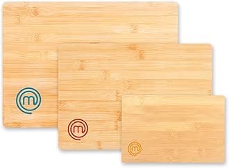 MasterChef Cutting Boards for Kitchen, Bamboo Chopping Board Set of 3, Organic Food Safe Surfaces for Preparing & Serving Meat, Cheese etc, Large, Medium & Small Wooden Boards with Color Coded Logos