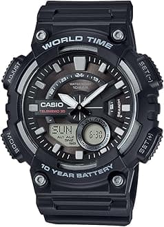 Casio AEQ110BW Series | Men’s Analog-Digital Watch |100M WR | Multi Alarms | 100 SEC Stopwatch | Countdown Timer | World Map for World Time | LED Light | LC Display | 10 Year Battery