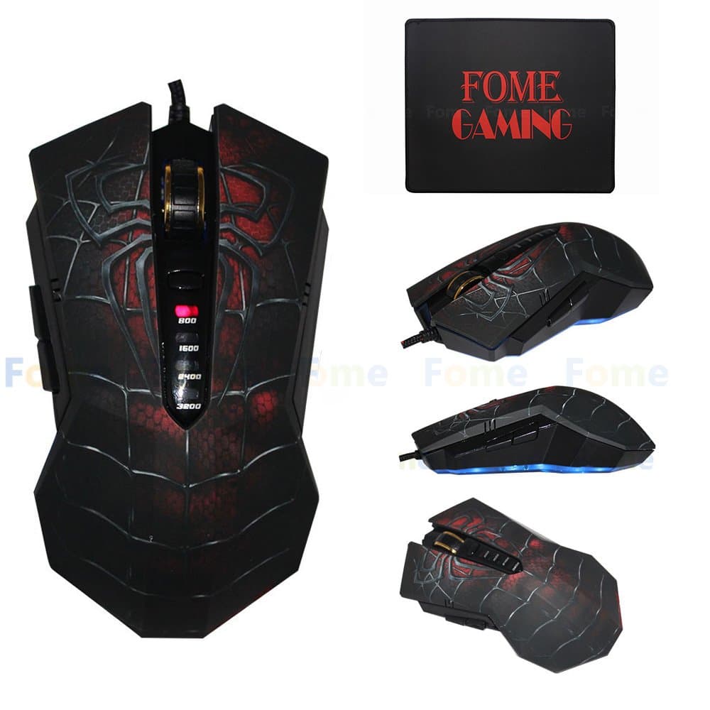 USB Wired Gaming Mouse,FOME GAMING Spider King X6-M Professional Gaming Mouse 6 Buttons 4 Speed Transmission 800/1600/2400/3200DPI 4 color Breathing Light Ultrasensitive Mouse + FOME GAMING Mouse Pad