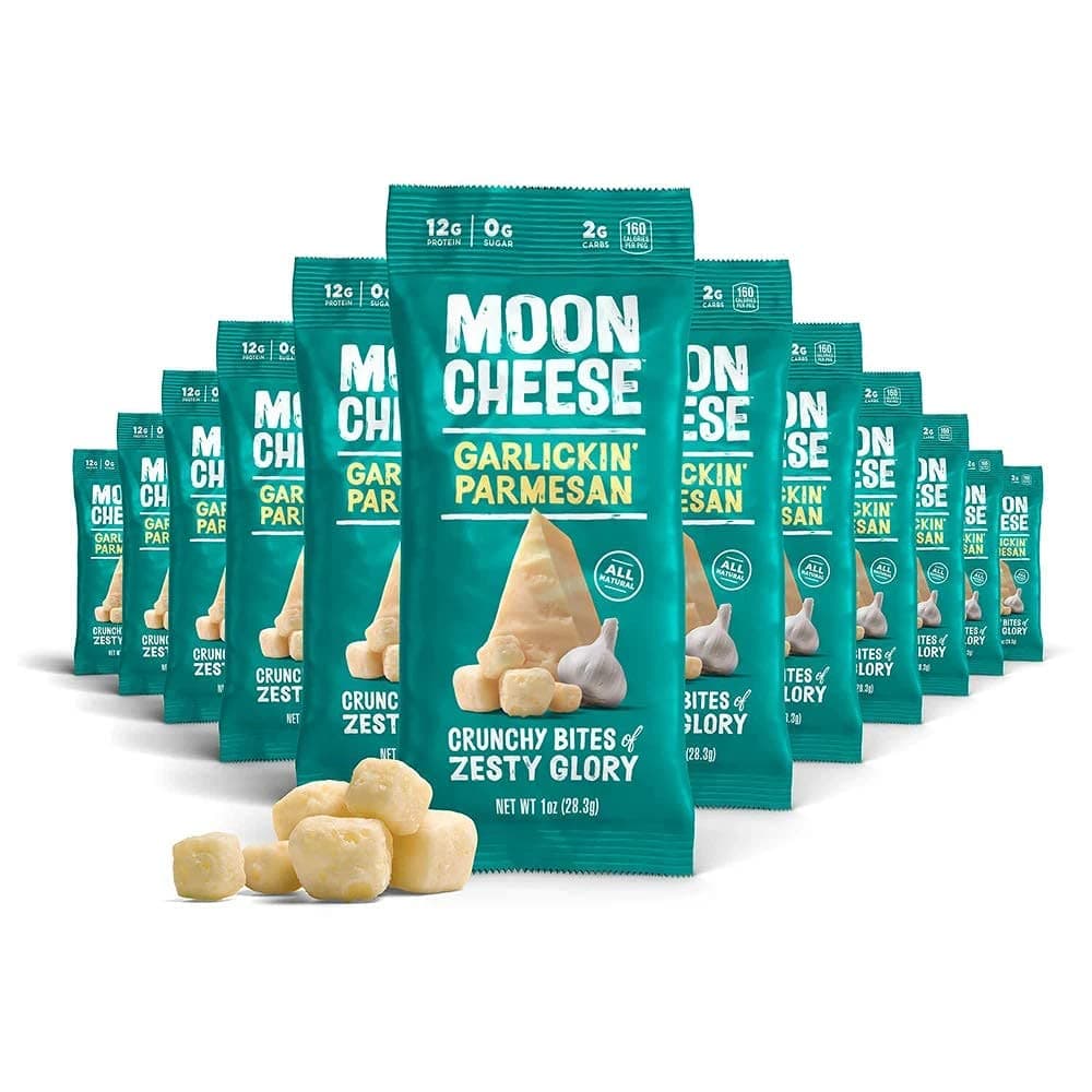 Moon Cheese Garlickin' Parmesan Cheese Bites, 1 Ounce, 12-Pack, Crunchy, Protein Rich Cheese Snack, 100% Real Cheese