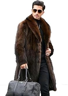 Men's Long Faux Fur Coat Single Breasted Warm Winter Trench Coat Fluffy Thick Overcoat