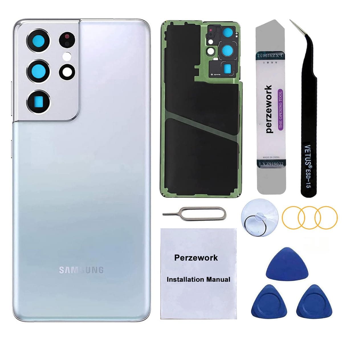 Rear Back Glass Replacement for Samsung Galaxy S21 Ultra 6.8-inches with Repairing Toolkit (Phantom Silver)