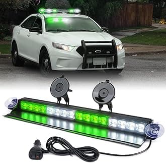 Xprite Windshield Dash Strobe Light Bar Aluminum w/Suction Cups, Back Window Deck Hazard Warning Security Flashing Traffic Lights for Emergency Law Enforcement POV Vehicles Trucks - White&Green