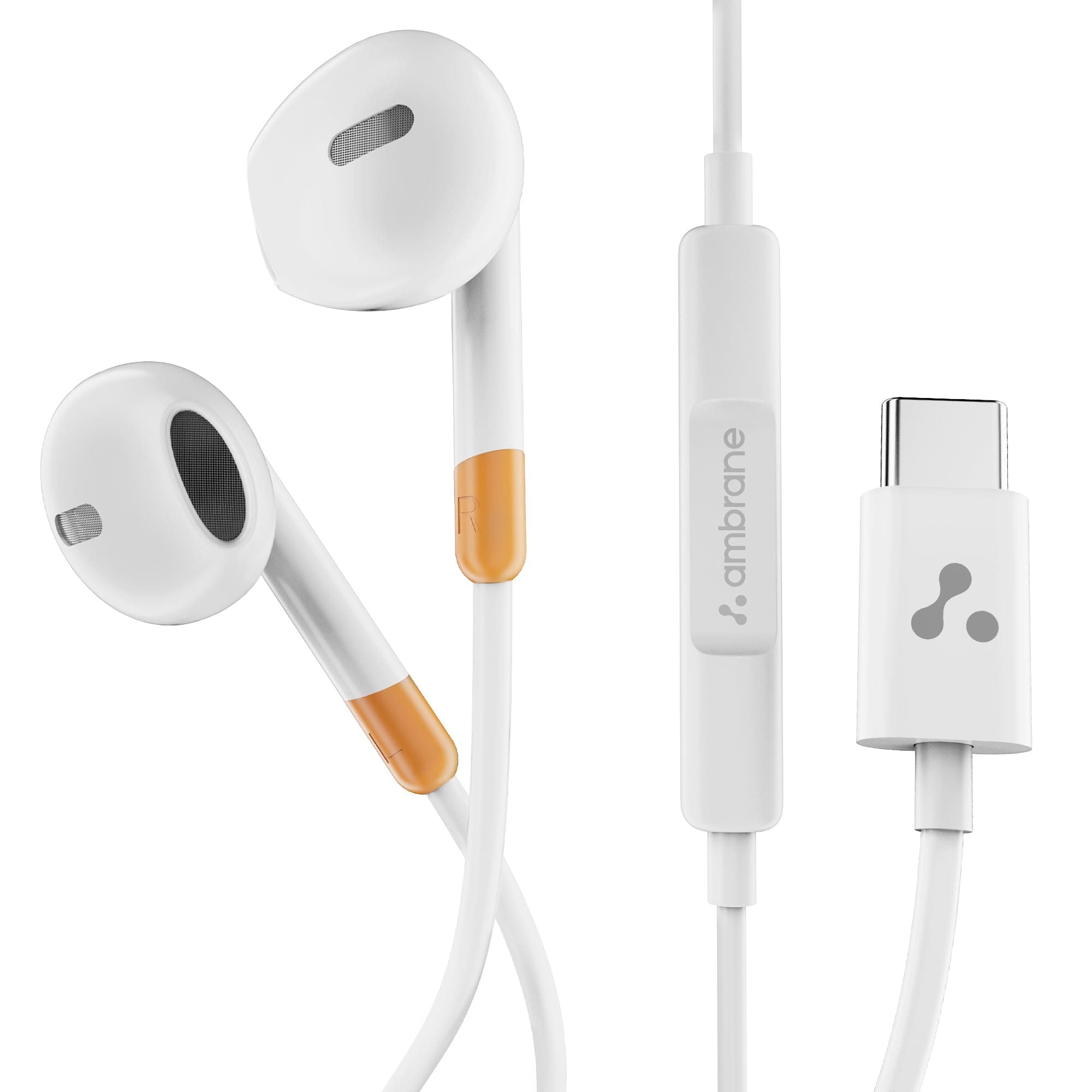 Ambrane Wired Type C Earphones with in-line Mic for Clear Calling, 1.2M Cable, 14mm Dynamic Drivers for BoostedBass, Multi-Functional Controller for Type C Enabled Mobiles (Stringz 02, White)