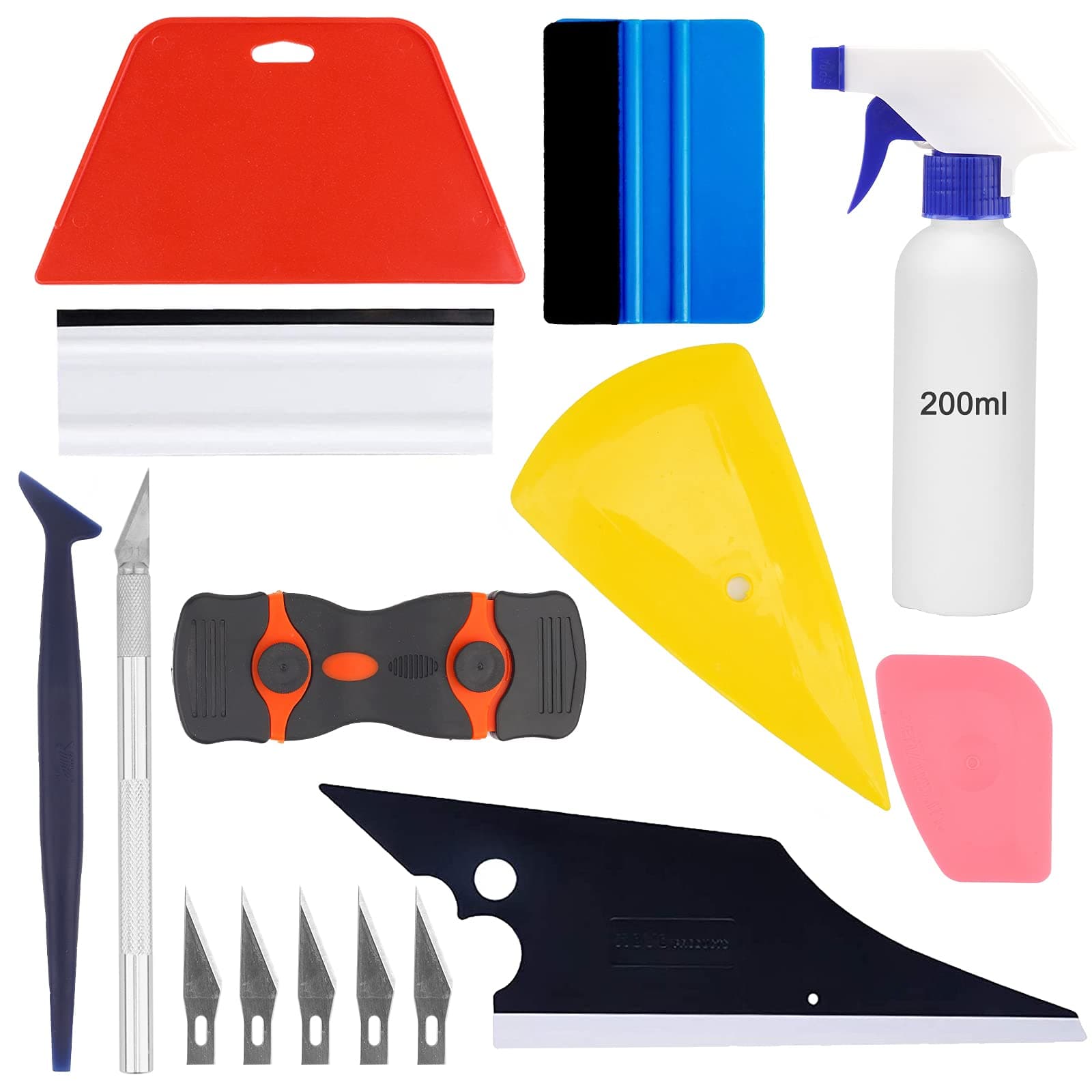 Car Window Tint Kit, 10 Pcs Window Film Complete Installation Kit Vinyl Wrap Application Tool Kit Professional Window Tint Tools, Yellow,orange,blue,red,pink,black