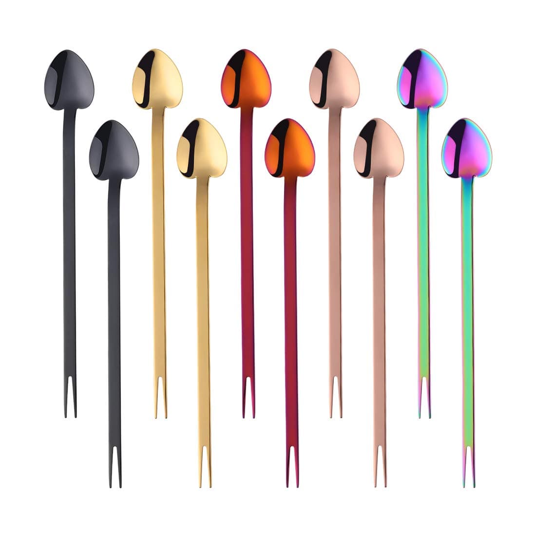 Bisda Long Handle Coffee Spoons, 2 in 1 Heart-Shaped Spoon with Fork, Stainless Steel Spoons Set Used for Stirring Latte Tea Ice Cream Sundaes Fruit fit in Tall Glass deep Cups 10pcs(Mix Color)