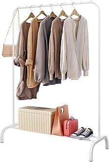 HoldfiturnHoldfiturn Clothes Rail Metal Clothing Garment Rack with Bottom Shoes Shelf Stand Free Heavy Duty Drying Racks for Clothes with Multi-slip Bead for Hanging Coats Skirts Bedroom Closet Laundry White