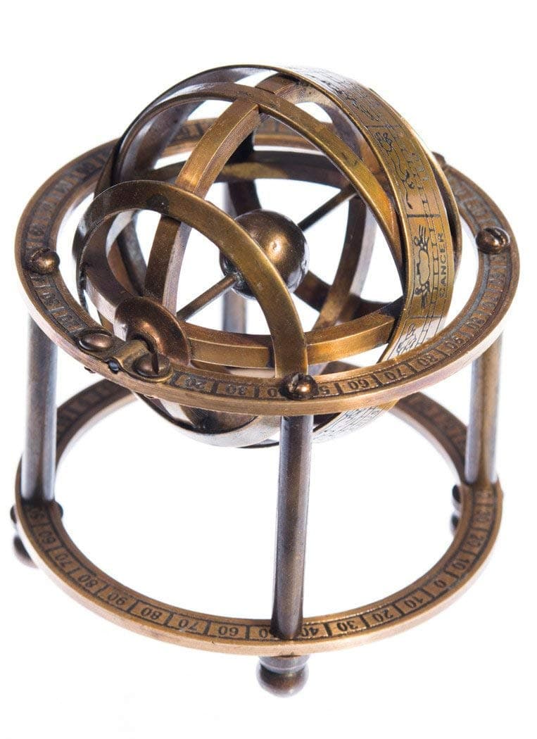 Brass Armillary Sphere with Stand 9 cm – Mini Antique Globe, Steampunk Pirate Decor, Vintage Astronomical Sphere Model
