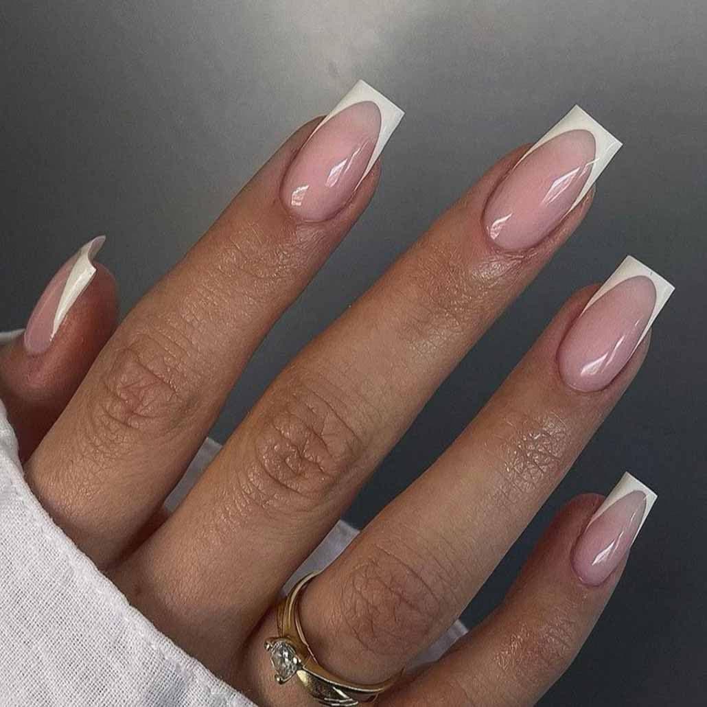 White Press on Nails Medium Long Acrylic False Nails French Fake Nails Square,Artificial Glossy Pink Nails for Women and Girls- 24 pcs