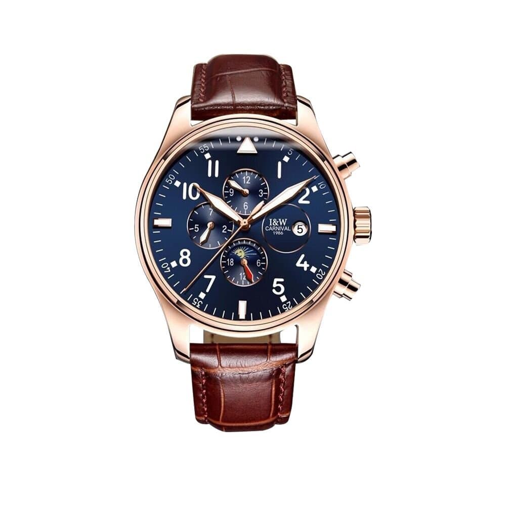 Mens Pilot Automatic Mechanical Watch Switzerland Gilded Case Sapphire Glass Blue Dial Day Leather Strap