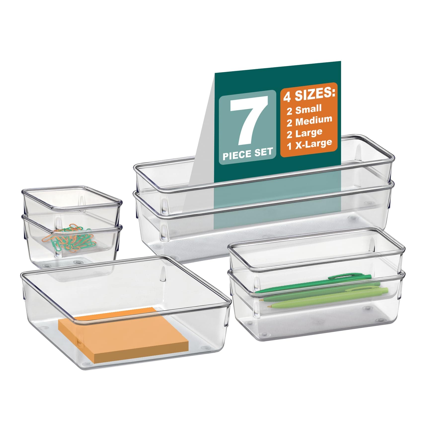 Acrimet Desk Drawer Organizer (Clear Crystal Plastic) (7 Pack - 4 Sizes)