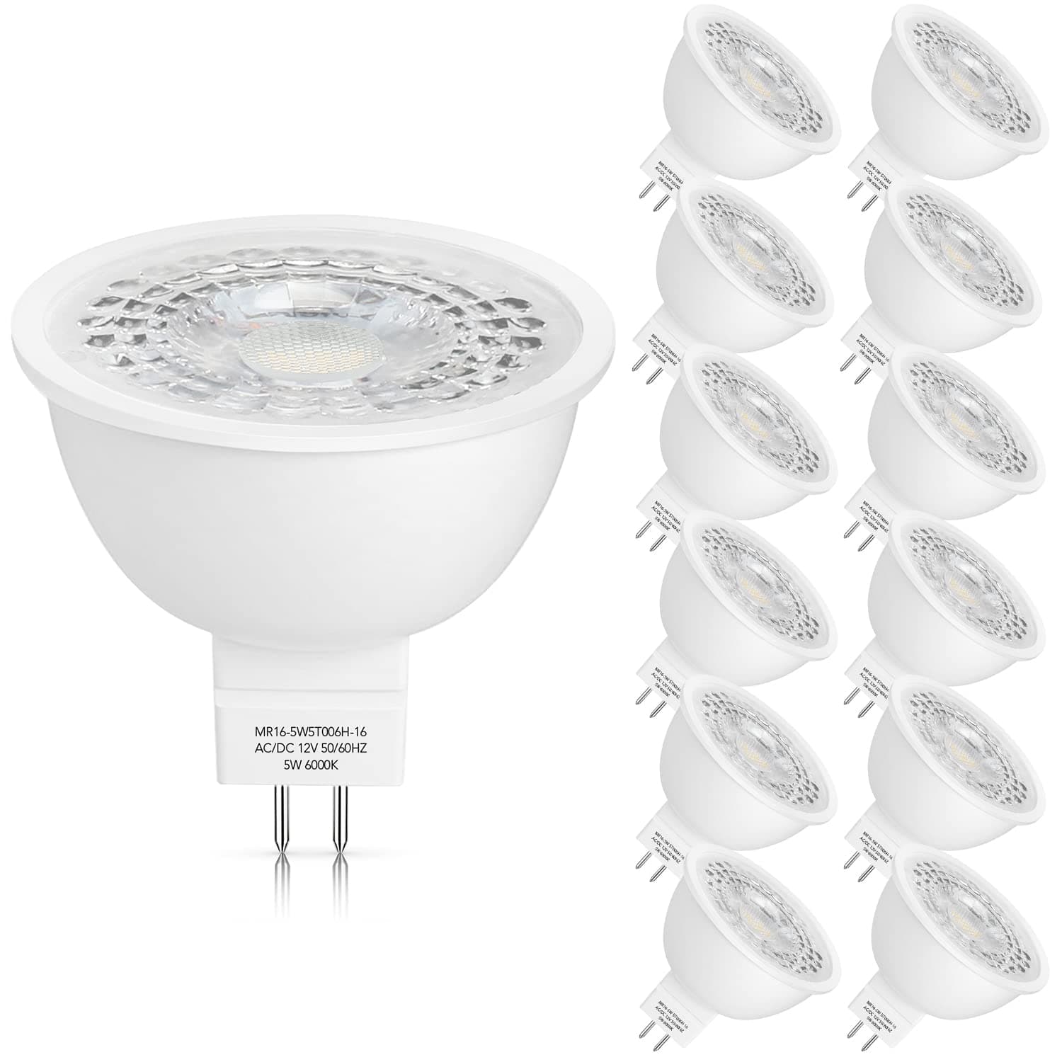 12 Pack MR16 LED Bulbs 50W Halogen Equivalent,6000K Cool Whitee,5W GU5.3 MR16 12V Spotlight Bulb,Non-Dimmable,45° Beam Angle for Landscape, Recessed