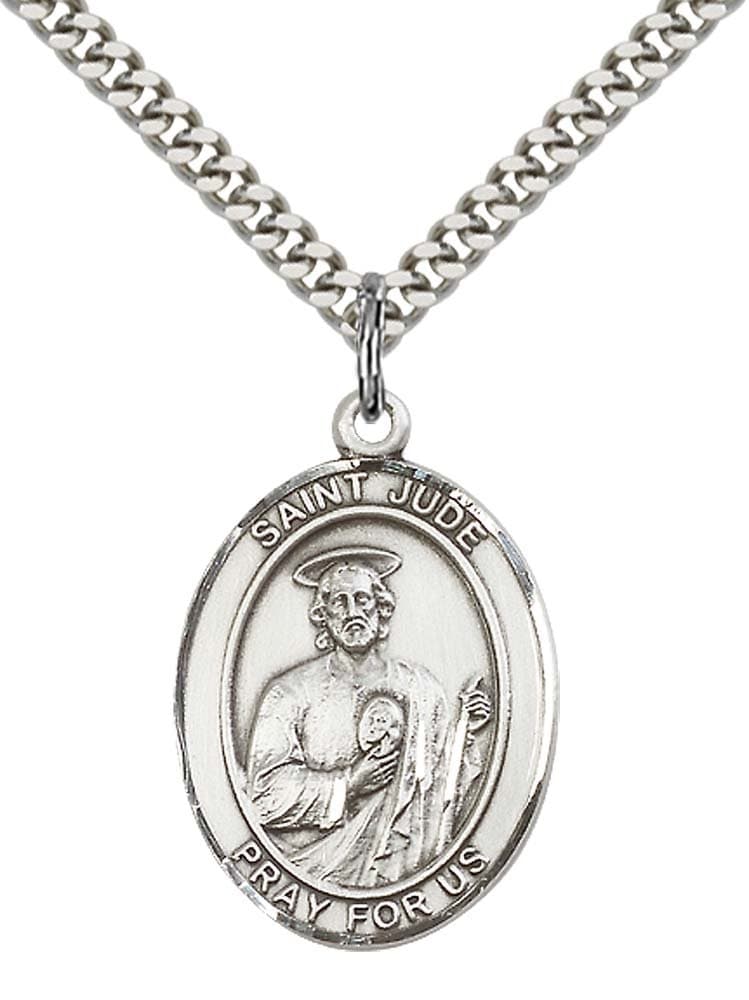 F A Dumont Large Sterling Silver 1 x 3/4-inch St. Jude Oval Pendant for Men or Women on a 24-inch Light Rhodium Heavy Curb Chain