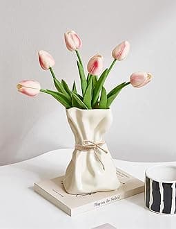 6IN Cream Ceramic Vase, Irregular Flower Vase Modern Art Decorative Vase for Flowers, Unique Paper Bag Vase for Home Office Centerpieces Entryway Bookshelf Living Room Table Decor