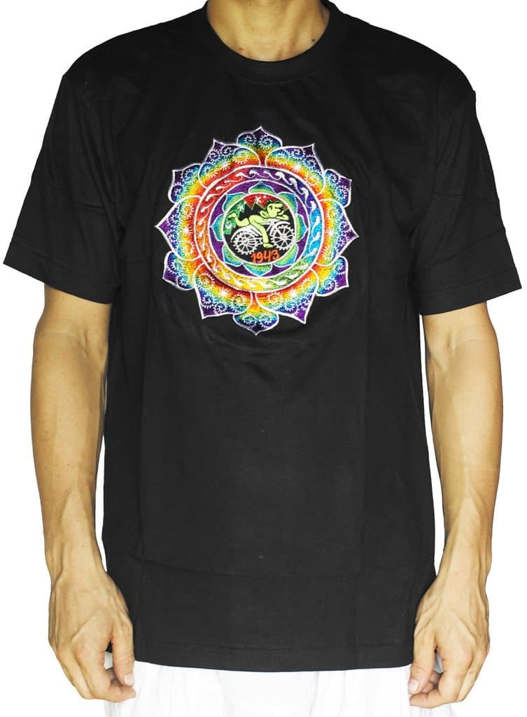 "Hofmann Mandala T-Shirt (UV Blacklight Active, Backside with Flower of Life) Psychedelic LSD Albert Hofmann wonderchild Goa Shirt