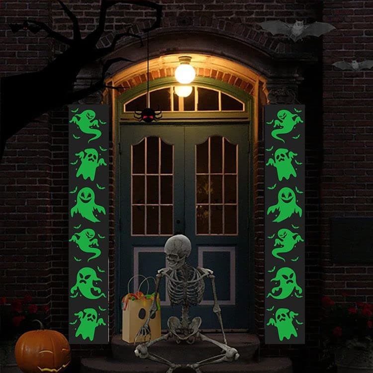 AiTURE 2PCS Halloween Fluorescent Banner Couplet, Glowing Skull Ghost Background Decorative Banner Door Curtain, Hangable, Reusable for Halloween Party Outdoor Interior Door Decoration