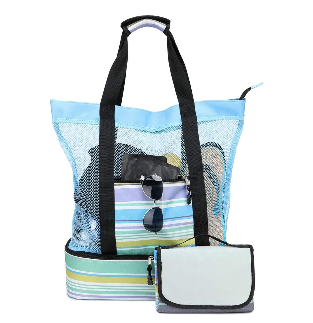 Large Mesh Beach Tote Bag with Picnic Blanket and Built-in Insulated Cooler