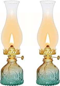 Glass Oil Lamp 2Pack, Oil Lamps for Indoor Use - 11"x3" Gradient Green Antique Kerosene Lamp, Vintage Oil Lantern for Home Decor, Outdoor Tabletop, Emergency Lighting & Props