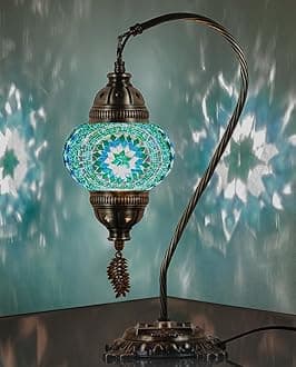 Turkish Moroccan Mosaic Table Lamp – Handcrafted Tiffany-Style Colorful Glass Swan Neck Bedside, Desk, Table Light, Boho Artisan Accent Lighting for Bedroom or Living Room – 15" H, Turquoise