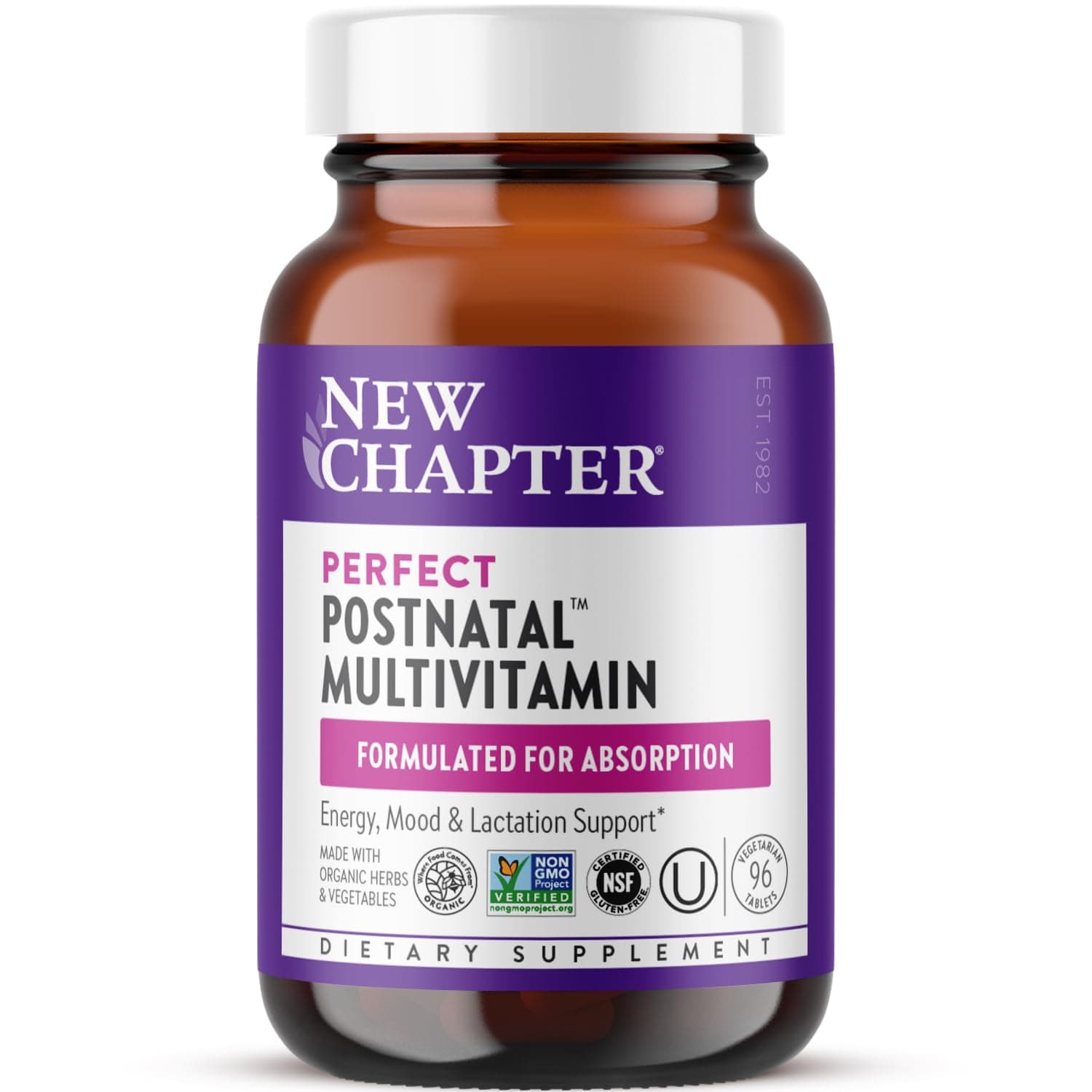 Postnatal Vitamins Lactation Supplement, Complete Multivitamin with Fermented Vitamin D3 + B Vitamins, Made with Organic Vegetables & Herbs, Non-GMO Ingredients, 96 Count