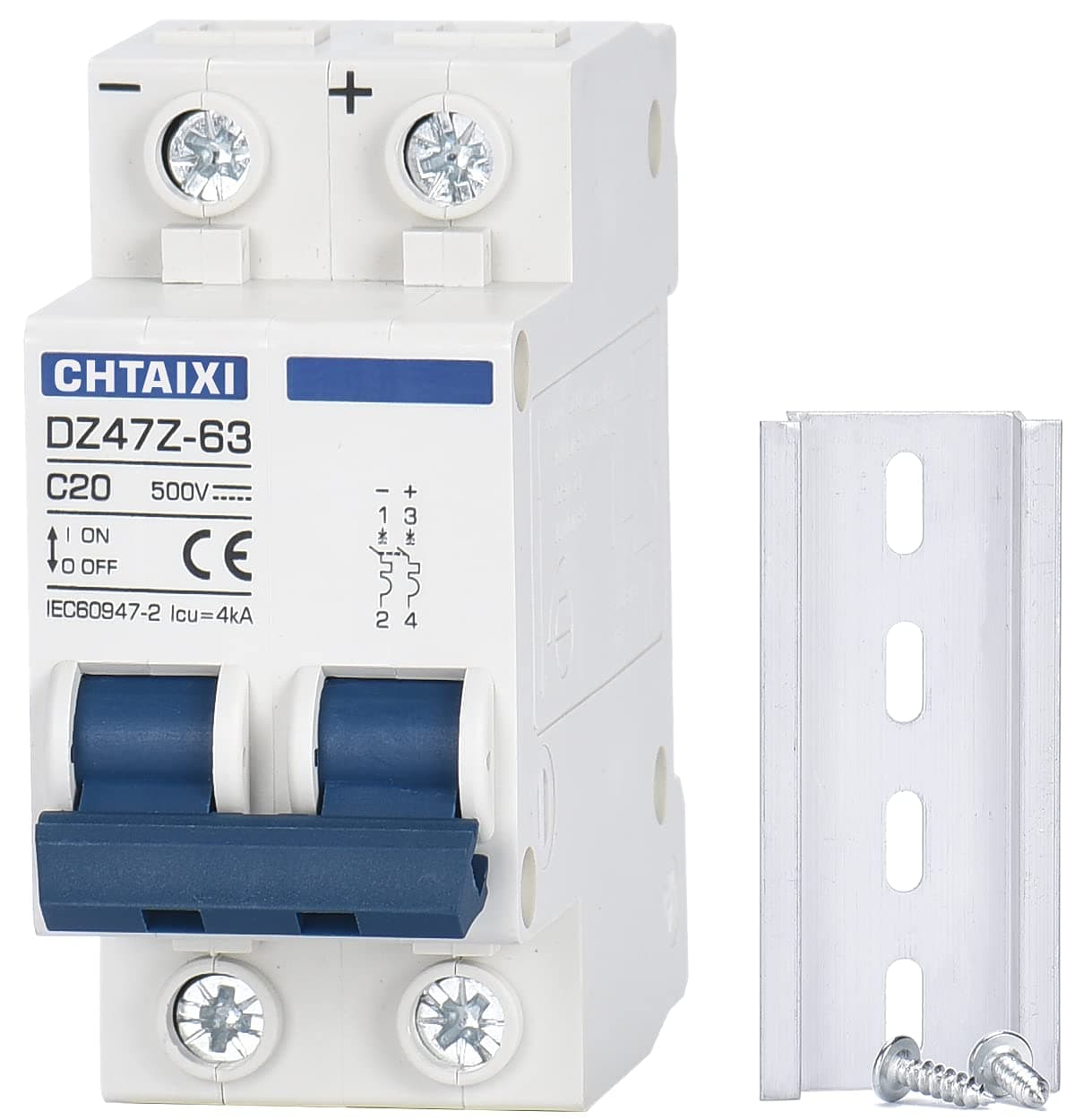DC Miniature Circuit Breaker, 2 Pole 500V 20 Amp Isolator for Solar PV System, Thermal Magnetic Trip, DIN Rail Mount, Chtaixi DC Disconnect Switch C20