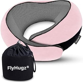 FlyHugz® Neck Travel Pillow | Memory Foam Neck Pillow for Comfort on Airplane | Compact and Ergonomic Design for Travel, Car Rides, and Home Use | Ideal for Adults and Kids (Pink)
