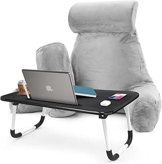 Nestl Reading Pillow with Portable Laptop Lap Desk - Shredded Memory Foam Back Support Pillow for Sitting Up in Bed and Couch Rest Pillows with Arms, Bed Tray Table with Foldable Legs, Light Grey