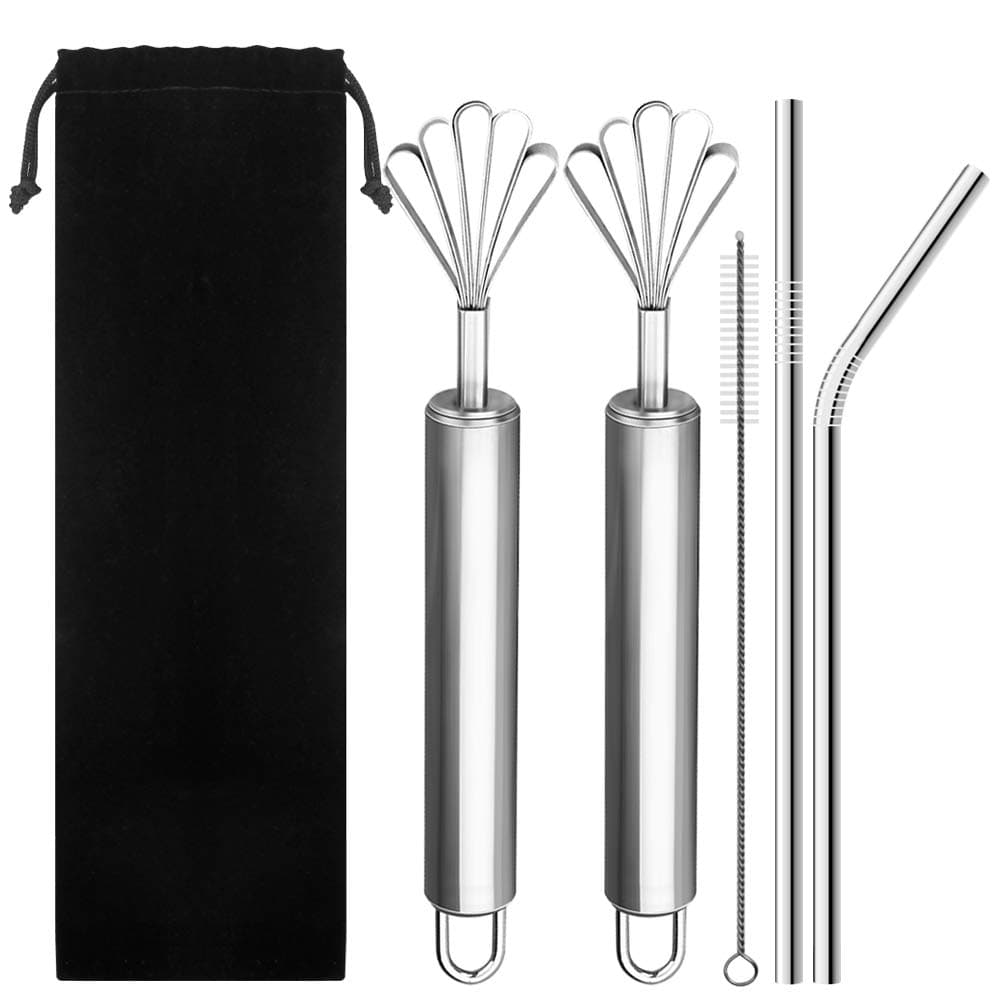 2 Packs Coconut Scraper, Sonku Multi-Purpose Stainless Steel Coconut Meat Removal Knife with 2 Stainless Steel Straws and 1 Brush for Kitchen-Silver