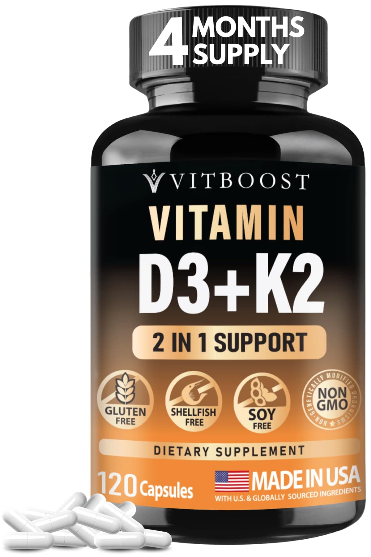 Vitamin D3 K2 Complex - Easy to Swallow - Vitamin D (D3) 5000 IU (125 mcg) & K2(MK-7) 90 mcg | Non-GMO | Gluten-Free | USA Made | 120 Capsules