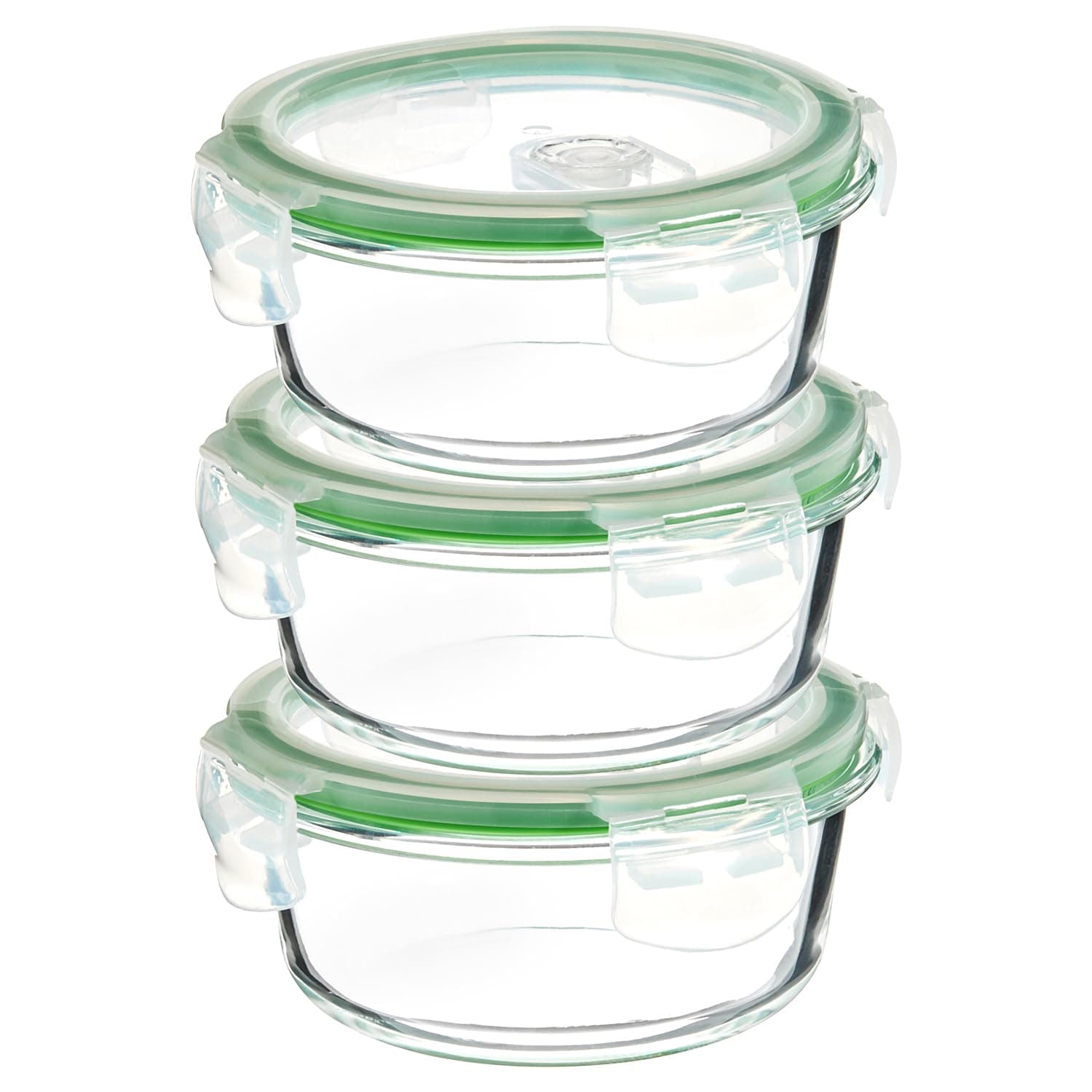 Amazon Brand - Solimo Borosilicate Glass Container with Air-Vent Lid (420ml Each) | Airtight & Leak-Proof | Freezer, Microwave & Dishwasher Safe (Set of 3) (Round Shaped) (Transparent)
