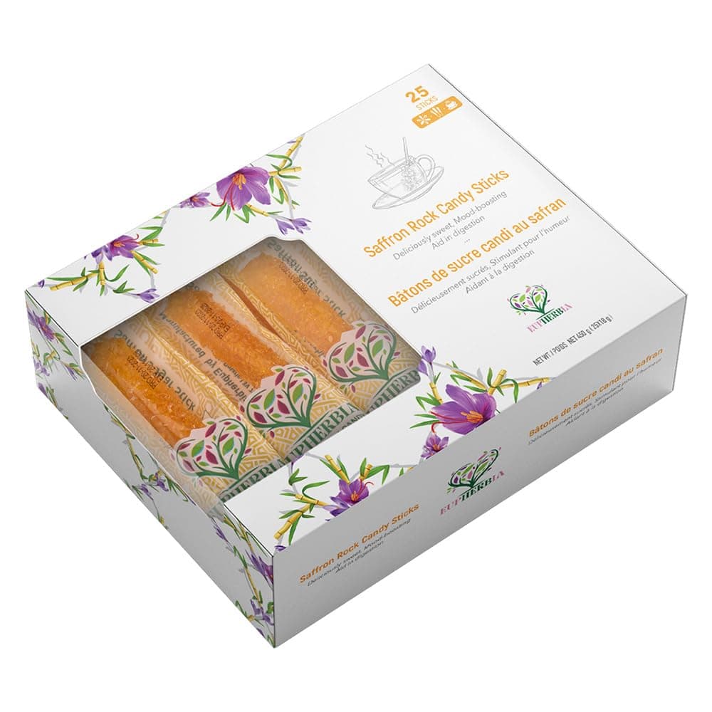EUPHERBIA Saffron Rock Candy Sticks, 25 Pack, Pure Crystalline Elegance, Handcrafted Sweetness, Sugar Rock Candy (Nabat) Infused with Pure Grade A+ Saffron Threads, Ideal for Tea, Coffee, Milk, and