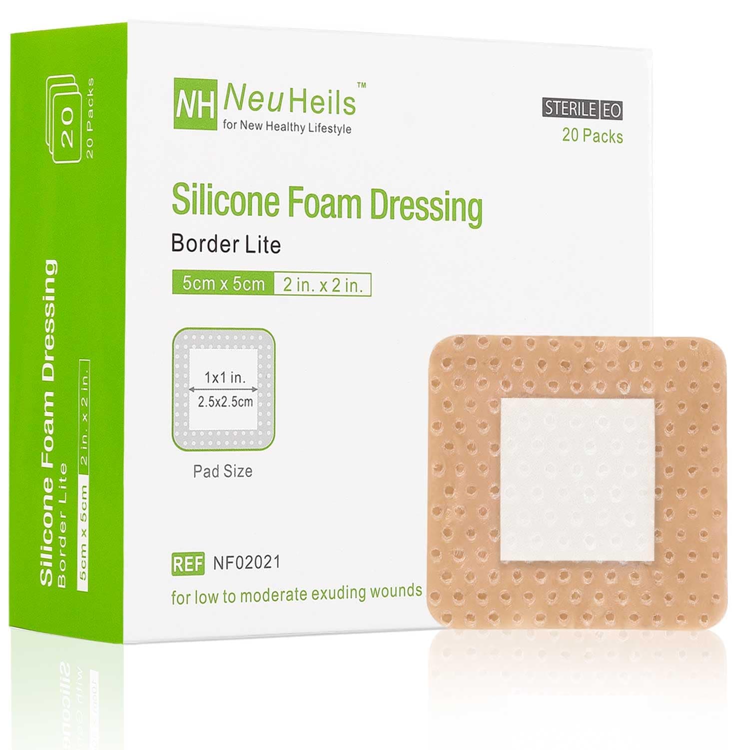 NeuHeils Silicone Foam Dressing with Gentle Edge Lite 2" x 2" Pack of 20 Pad Size 1" x 1" for Bedsores, Light to Moderately Exuding Wounds that Wet Wounds