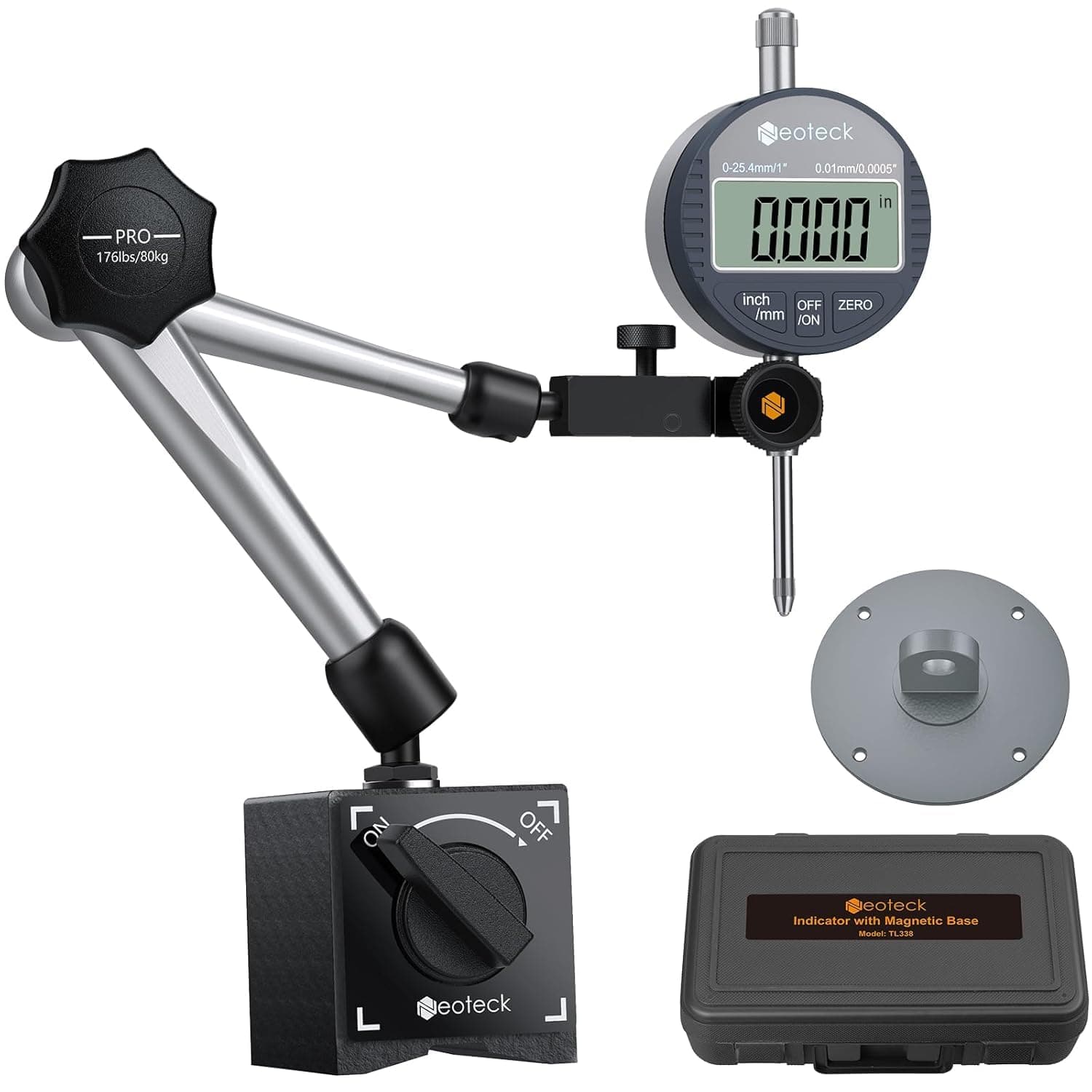 Neoteck Electronic Digital Dial Indicator Gauge and Magnetic Base Set, Range: 0-1inch / 25.4mm, Resolution: 0.01mm / 0.0005" Inch/Metric Conversion Measuring Tool for 3D Printer Bed Leveling Table Saw