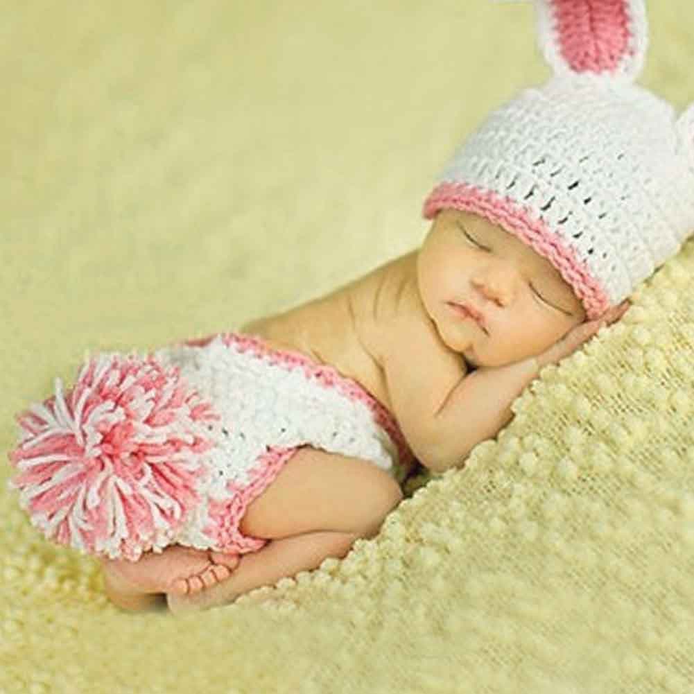 HAPPY ELEMENTS New Crochet Baby Bunny Rabbit Hat and Diaper Cover Set Newborn Photo Prop Knitted Costume